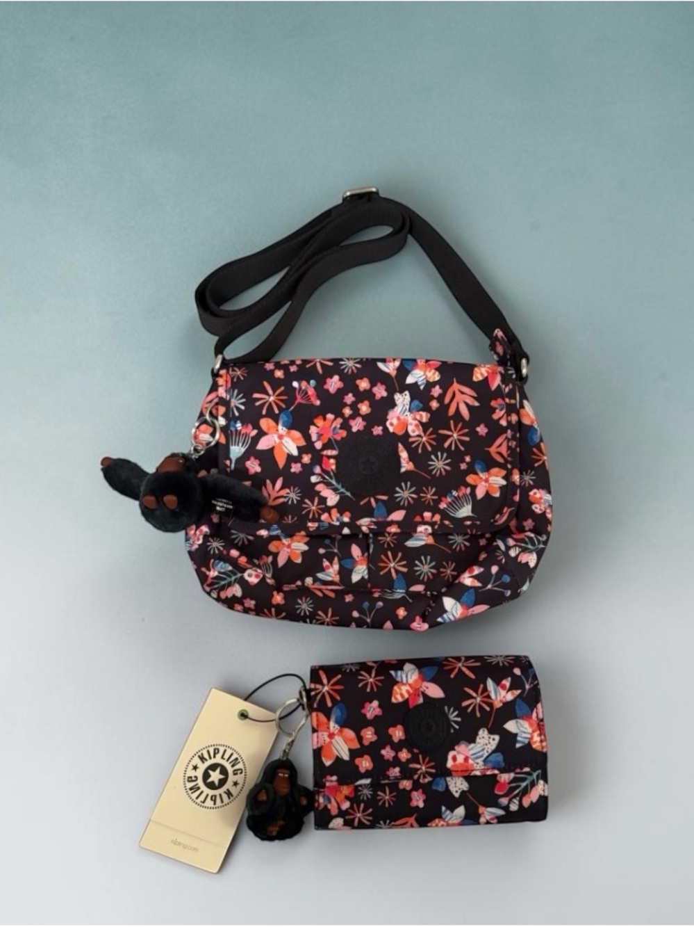 Kipling Black Floral Crossbody Bag with Matching Wallet